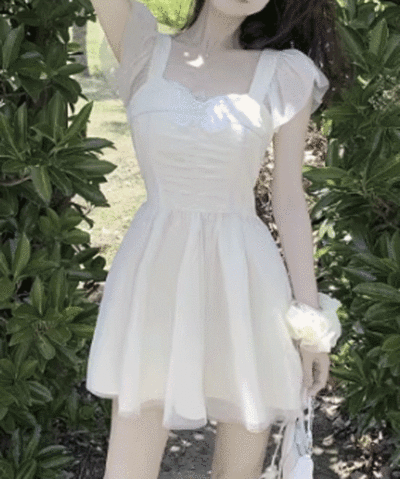(쉬폰 어깨 프릴) 포인트 하트넥 여리 청순 귀여운 셀프웨딩 파티룩 촬영요 미니 숏 원피스 드레스